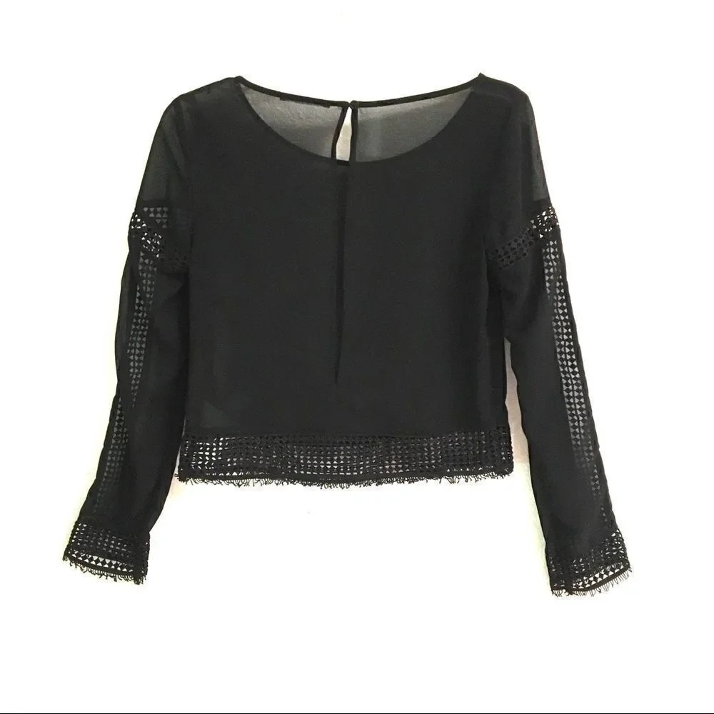 H&M black sheer lace long sleeve blouse S*‎